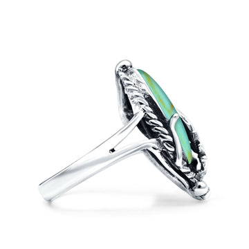 Oval Leaf Petite Dainty Simulated Turquoise Ring Solid Oxidized 925 Sterling Silver